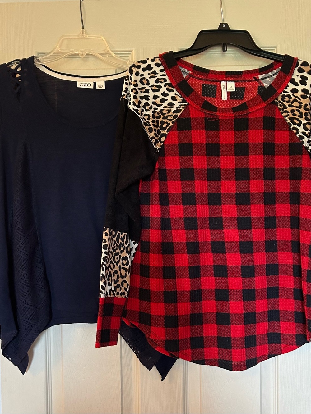 Lot of 2 Cato Tops Red and Black Buffalo Plaid Long Sleeve and Navy Blue Top